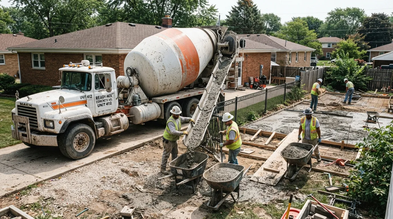 Ready-mix concrete truck pouring concrete at residential site