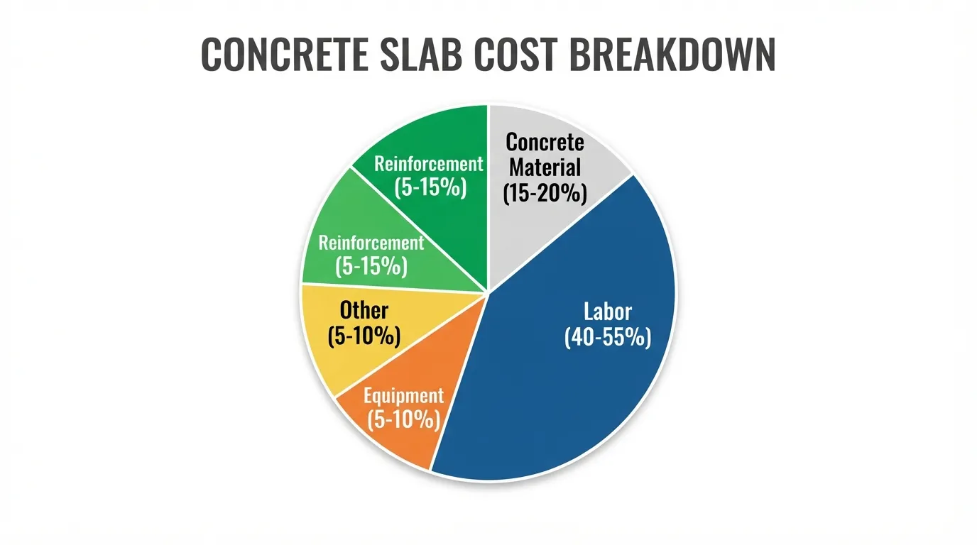 Concrete slab cost breakdown pie chart showing material, labor and equipment percentages