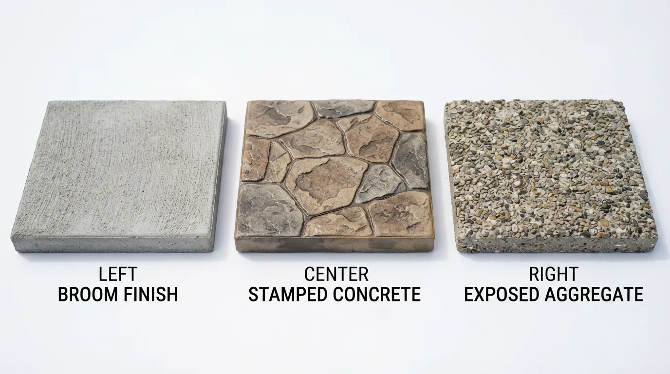 Concrete finish comparison - broom vs stamped vs exposed aggregate