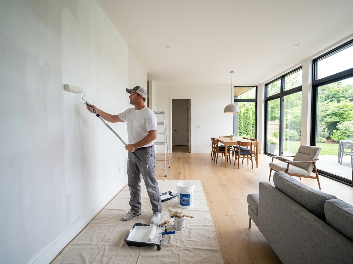 Paint roller applying acrylic paint to wall