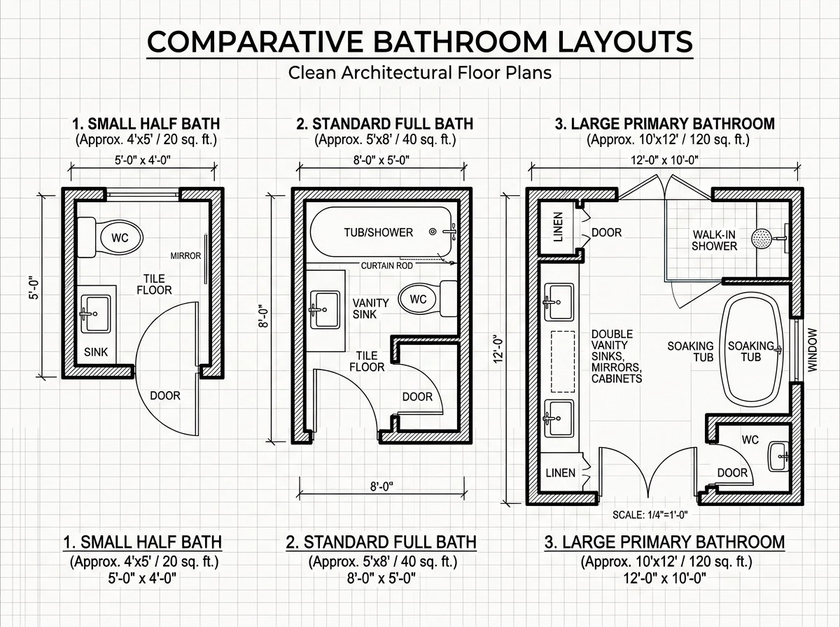 Three bathroom layouts showing half bath, standard full bath, and primary bathroom floor plans