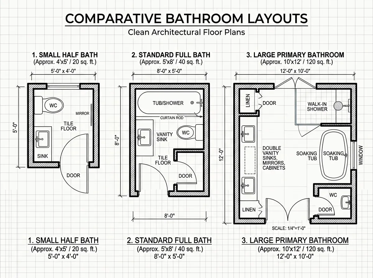 Three bathroom layouts showing half bath, standard full bath, and primary bathroom floor plans