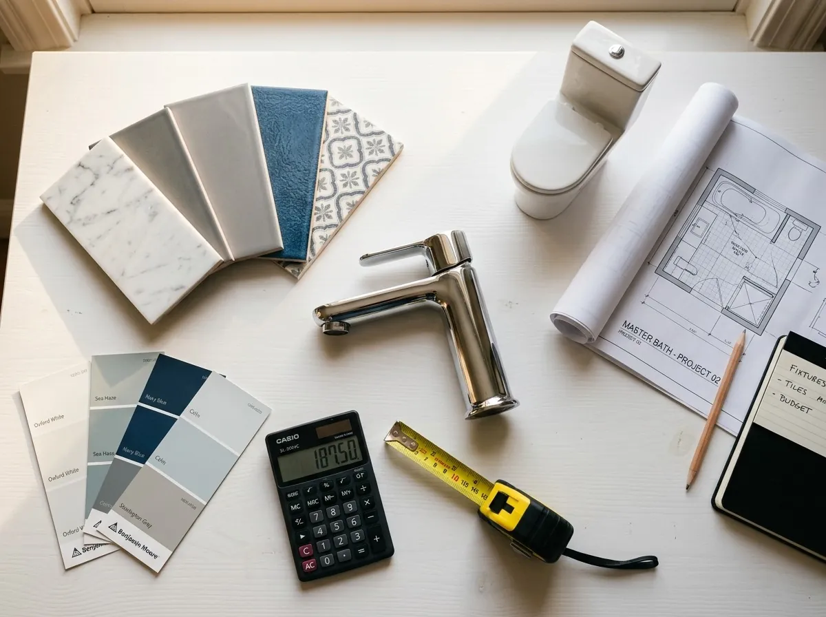 Bathroom remodel cost breakdown showing material samples, faucet, and calculator on desk