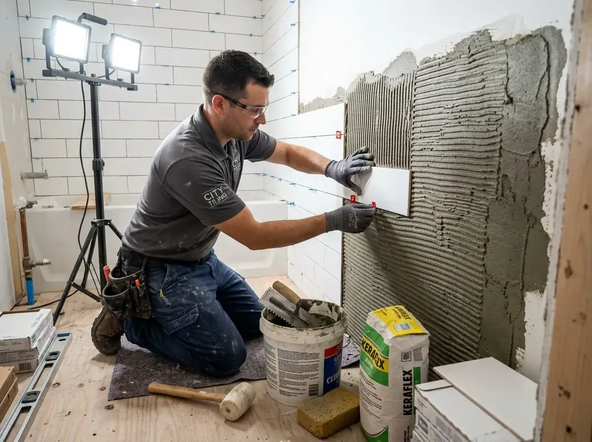 Professional tile setter installing ceramic wall tiles in a bathroom