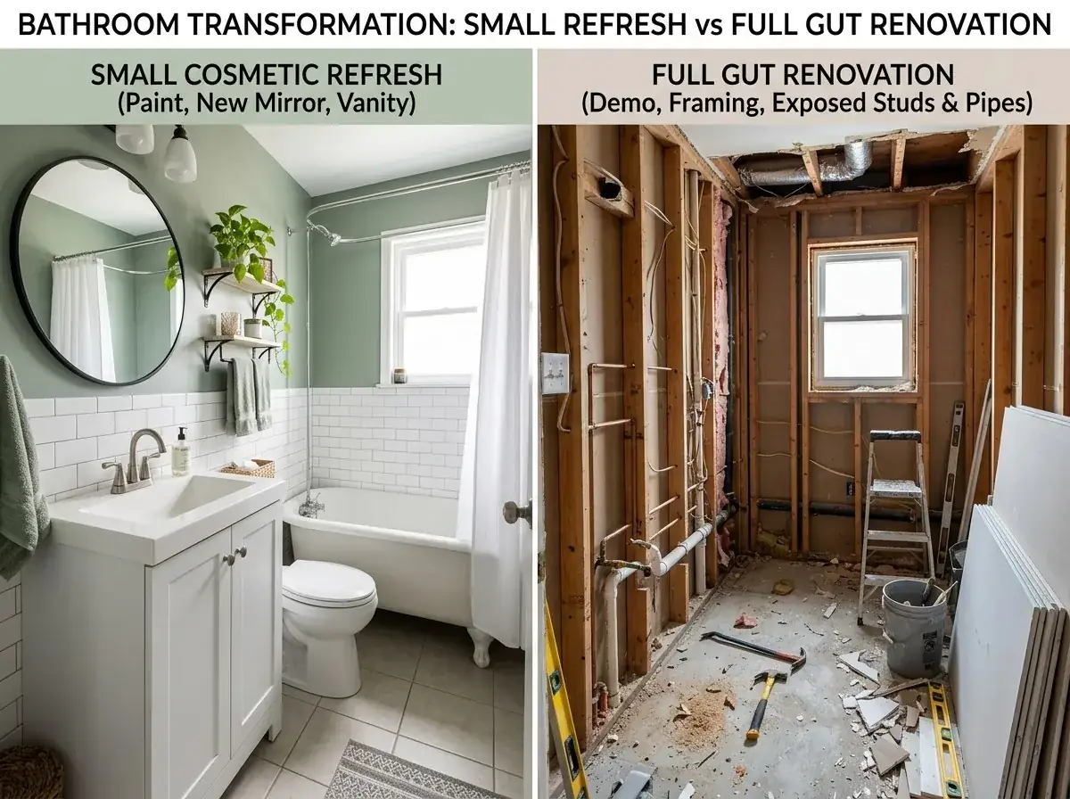 Comparison of bathroom remodel scopes from cosmetic refresh to full gut renovation