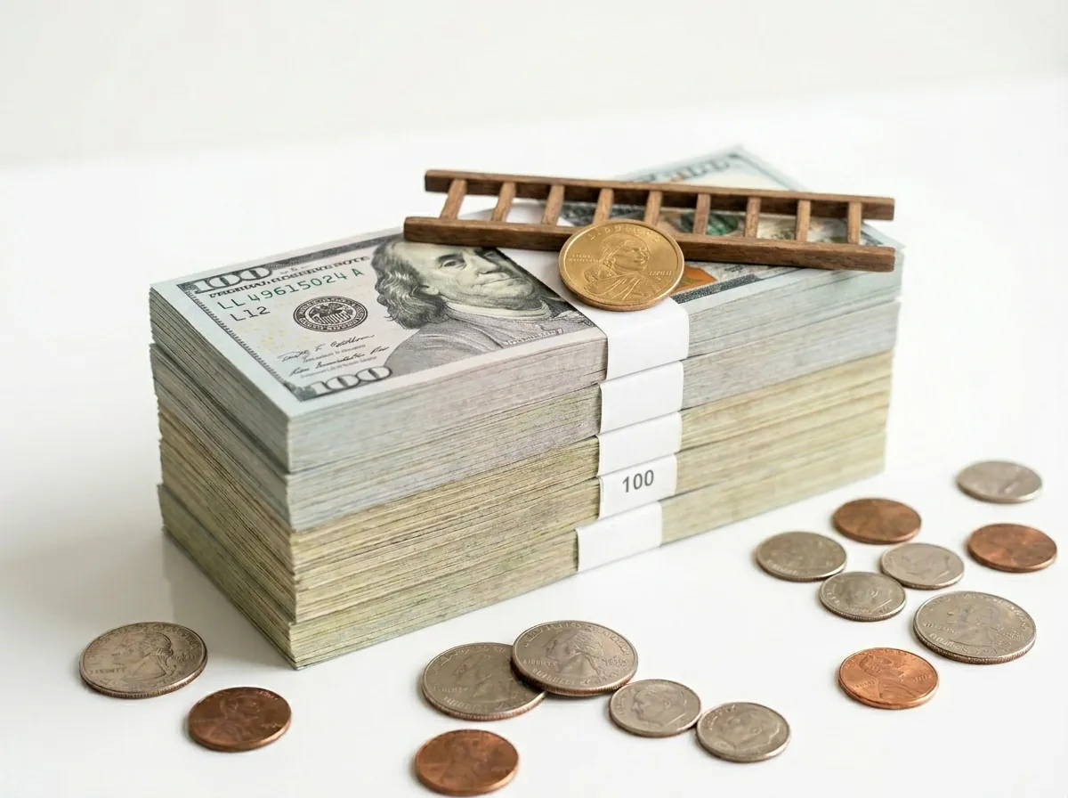 Stack of hundred dollars with wooden ladder concept
