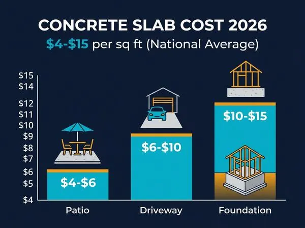 Concrete slab cost comparison chart showing price ranges per square foot