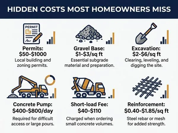 Infographic showing hidden costs of concrete slab projects including permits, gravel, excavation, and more