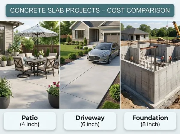 Comparison of concrete slab project types: patio, driveway, and foundation