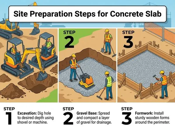 Step by step concrete slab site preparation showing excavation, gravel base, and formwork