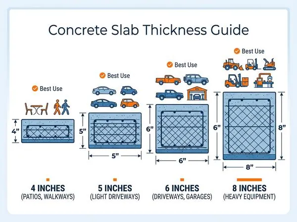 Concrete slab thickness comparison diagram showing 4, 5, 6, and 8 inch slabs