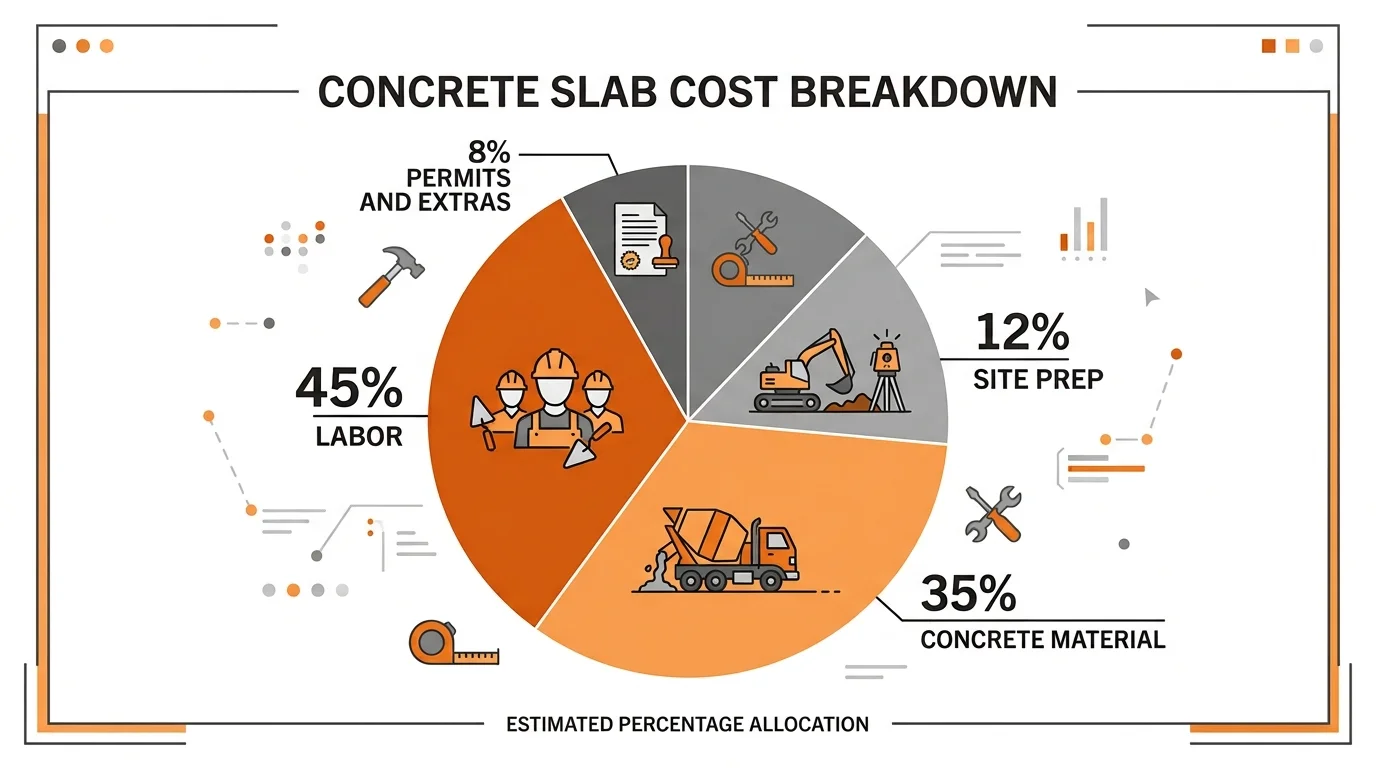 Concrete slab cost breakdown pie chart showing material, labor, site prep, and permits percentages