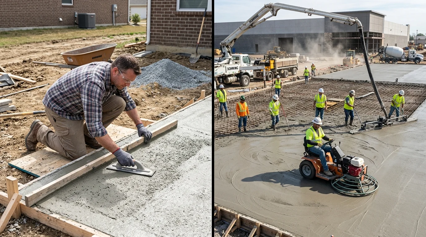 DIY homeowner vs professional crew pouring concrete slab side by side comparison