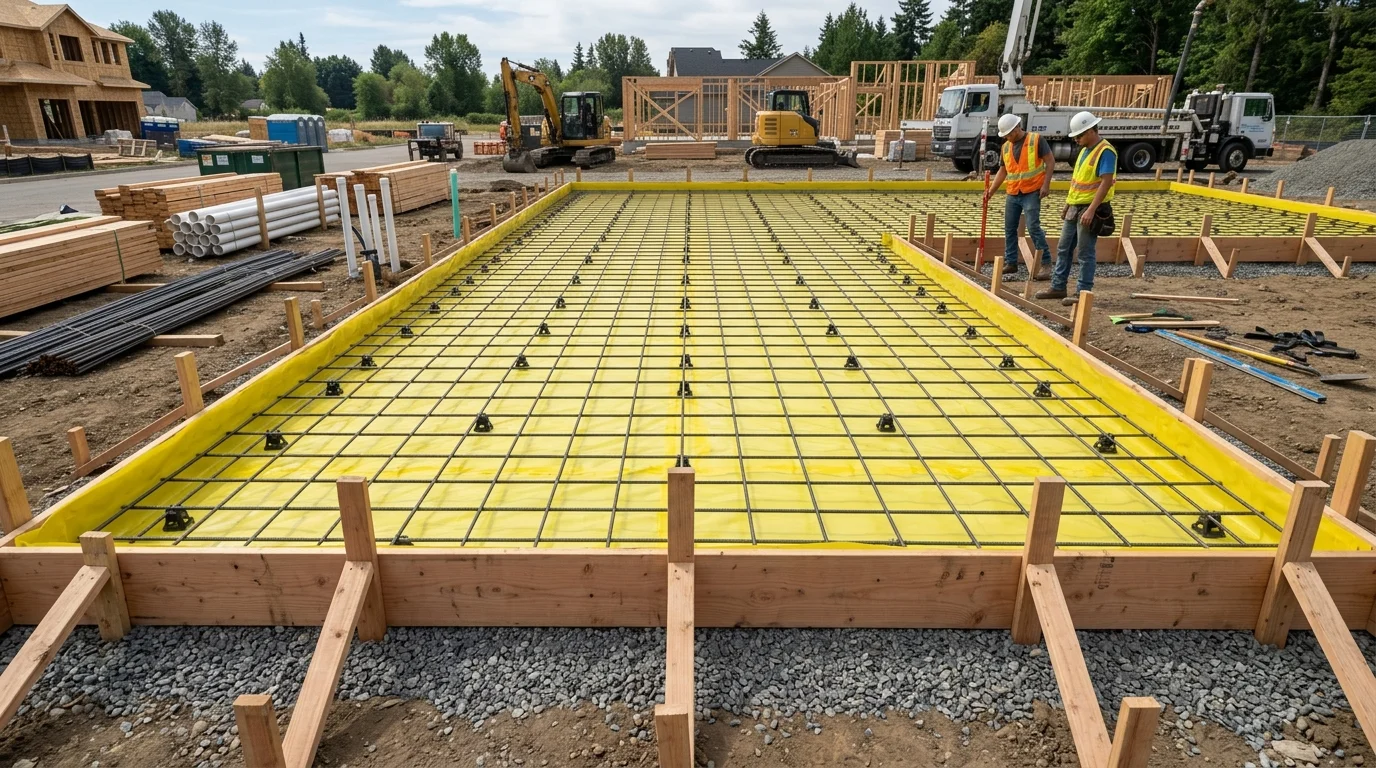 Proper slab site preparation with compacted gravel base, wooden forms, and vapor barrier