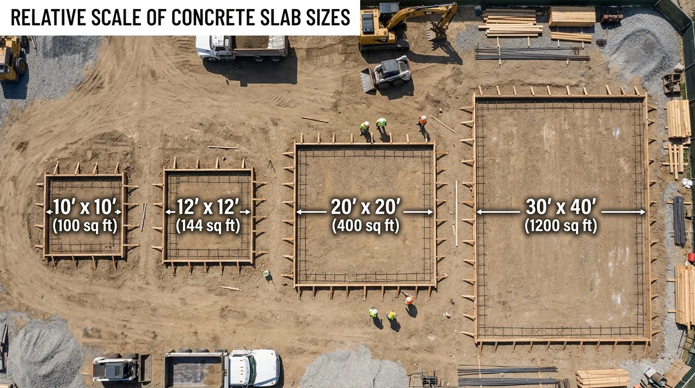 Common concrete slab sizes compared side by side showing relative scale