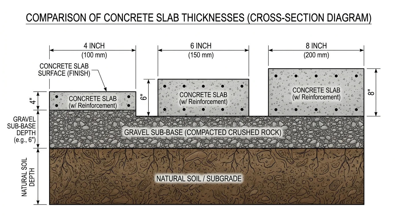Cross-section diagram showing 4, 6, and 8 inch concrete slab thicknesses with gravel sub-base