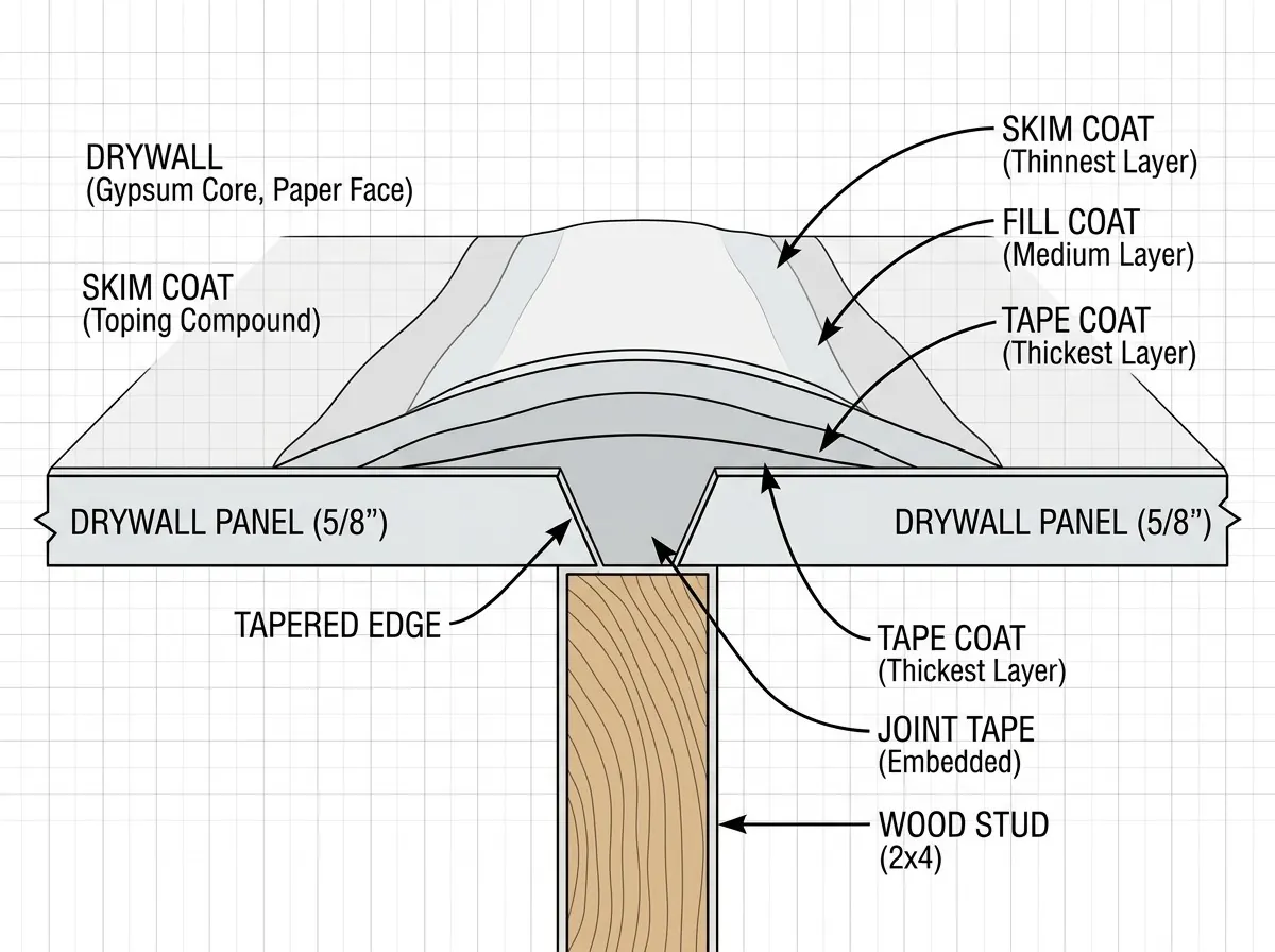 Cross-section diagram of three drywall compound coats