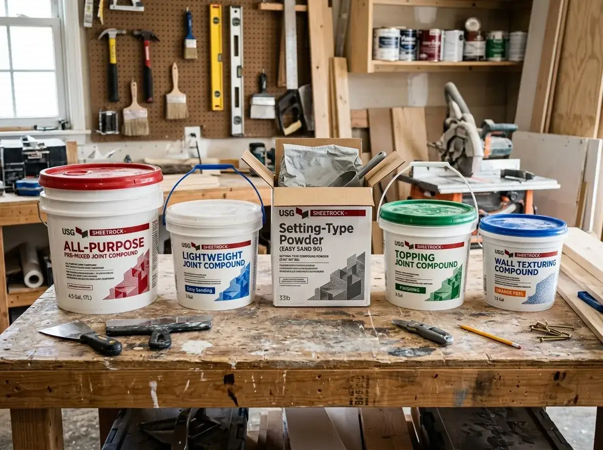 Different types of drywall compound containers
