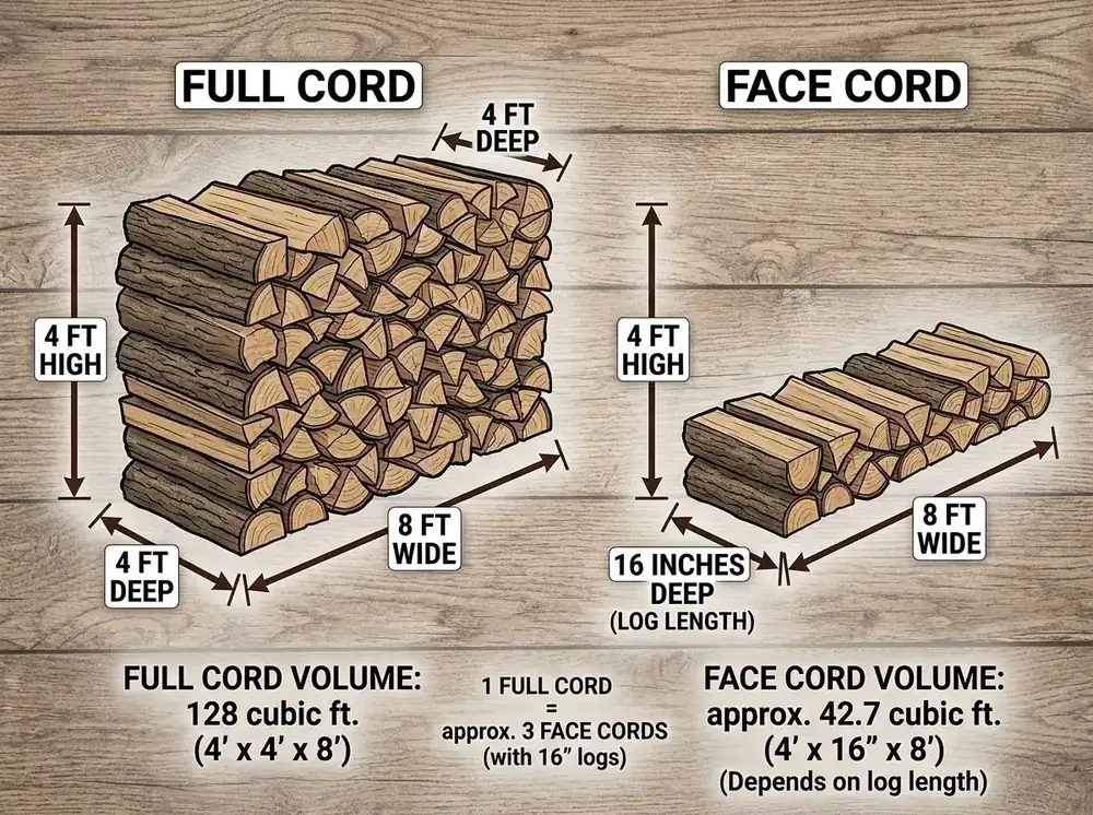 Firewood cord dimensions diagram showing 4x4x8 measurements