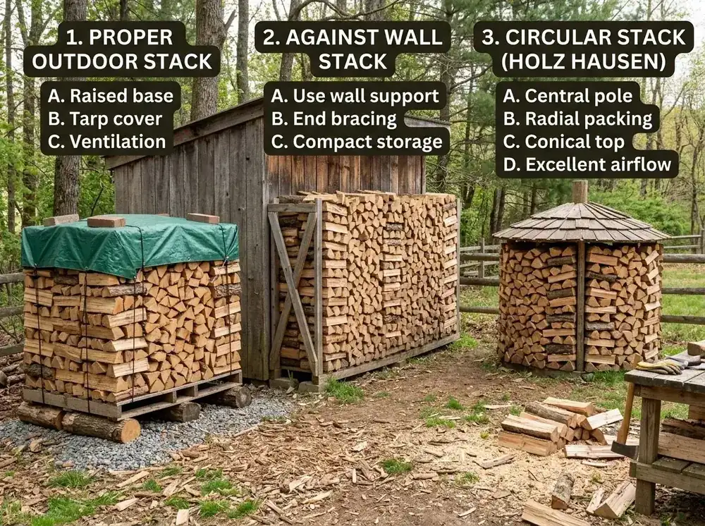 Three methods of stacking firewood shown side by side