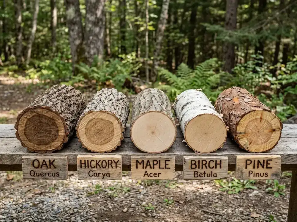 Collection of different firewood species: oak, hickory, maple, birch, pine