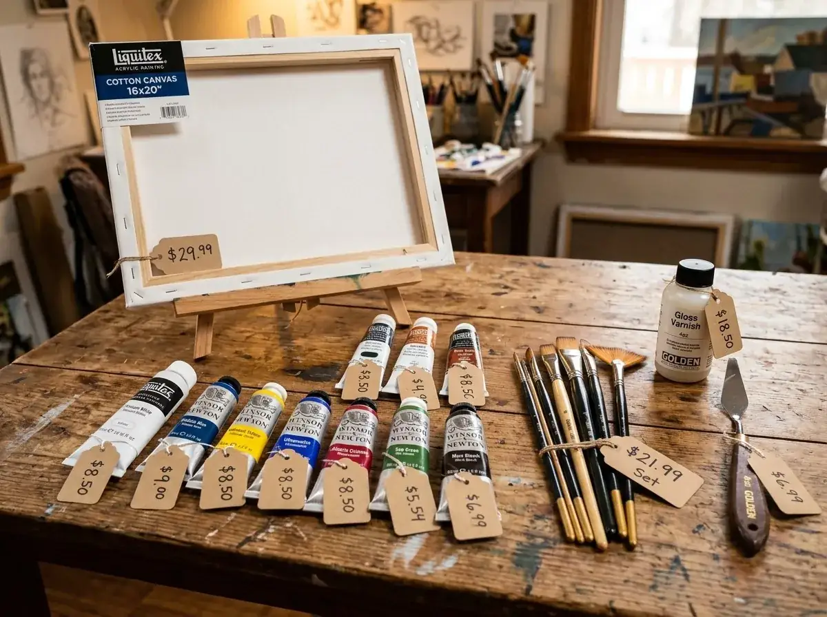 Art supplies with price tags for cost calculation