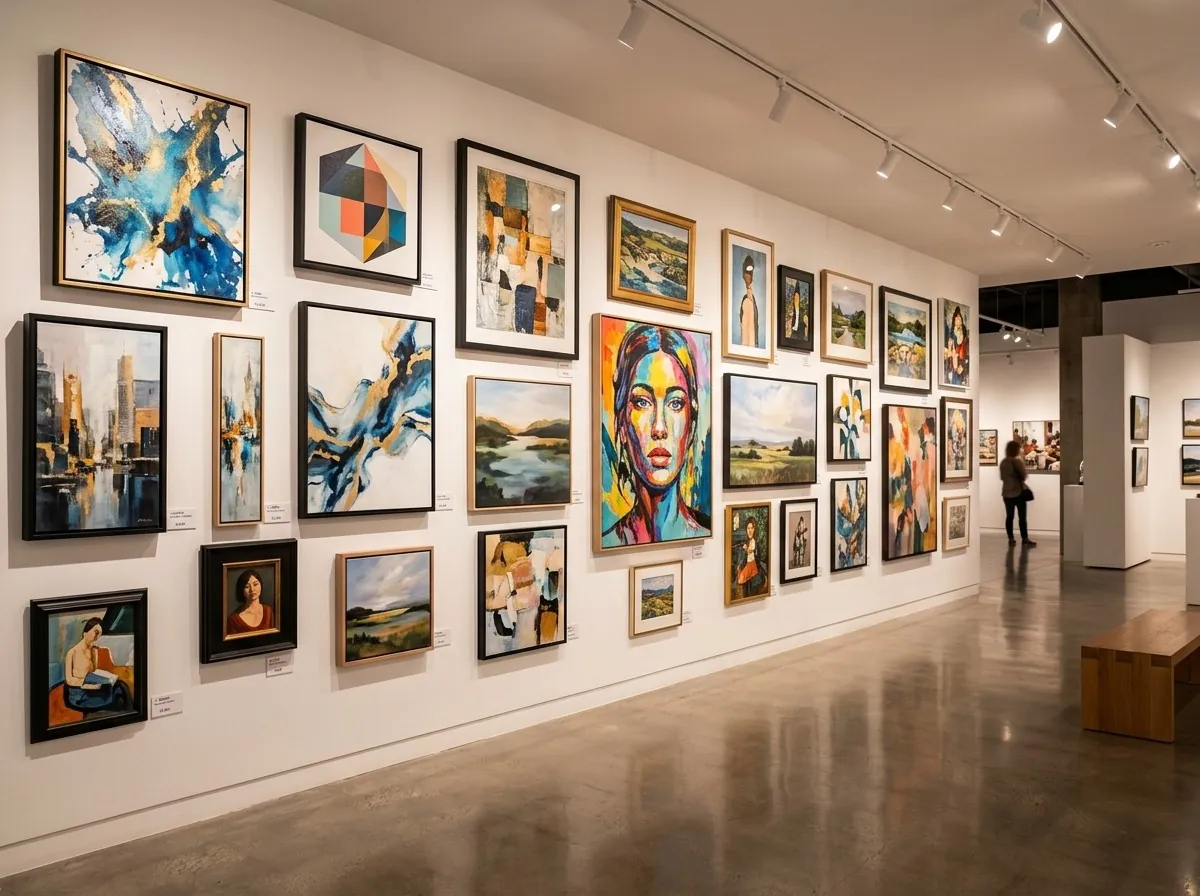 Modern art gallery with paintings and price tags