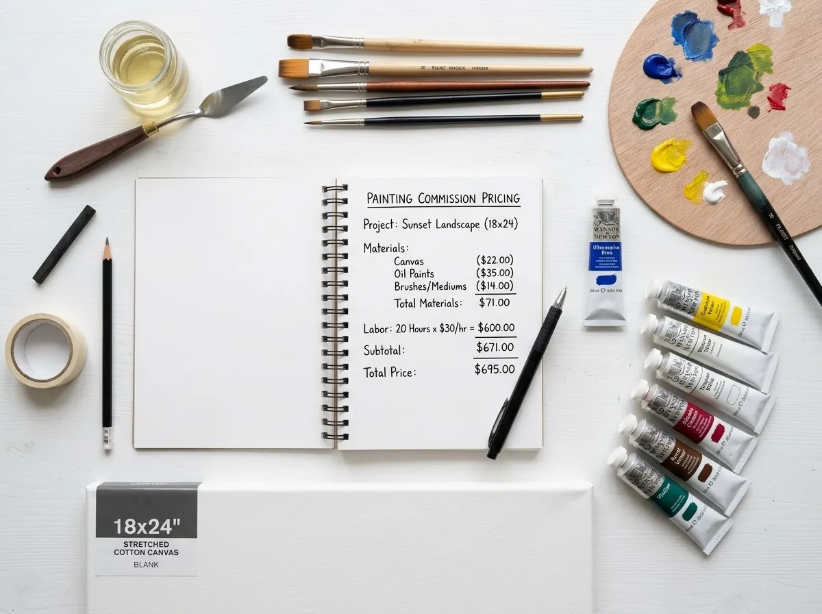 Art supplies with pricing calculations in notebook