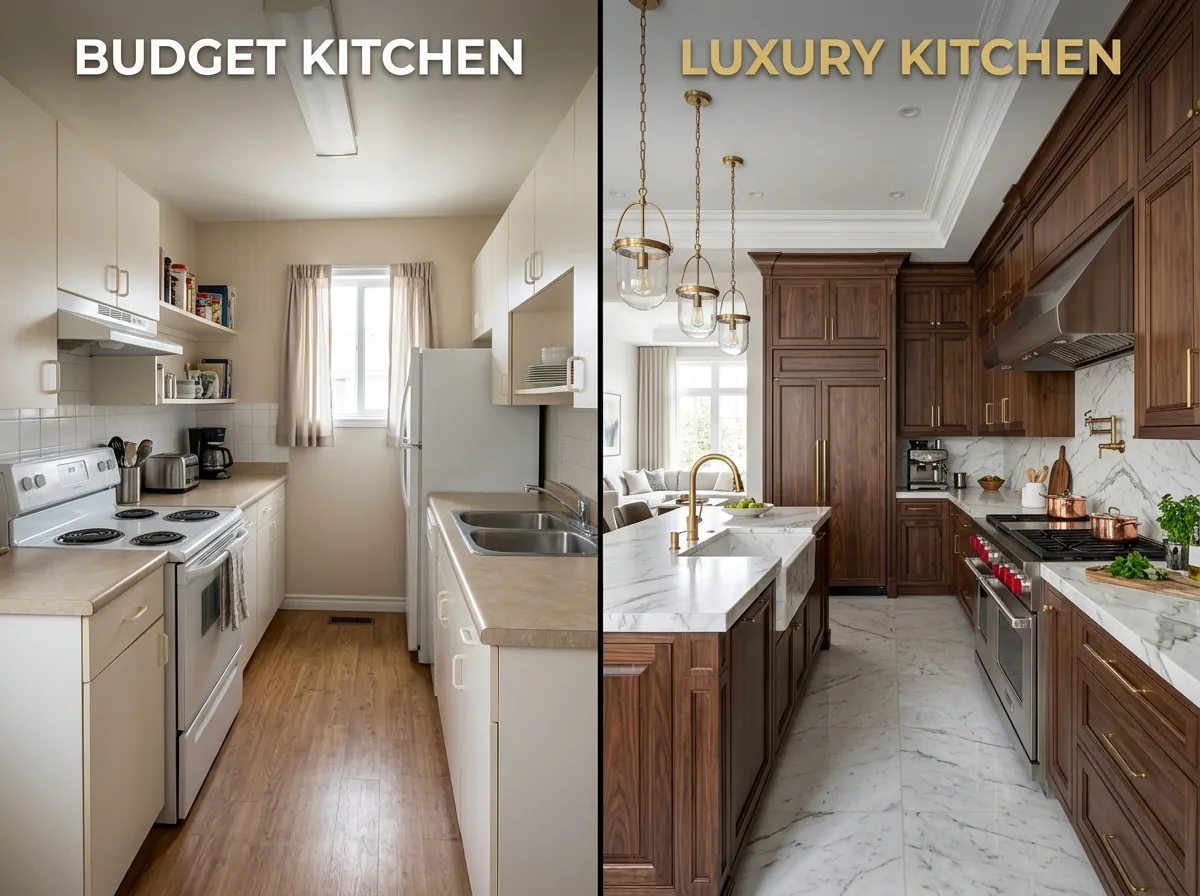 Split image showing budget kitchen with laminate counters on left and luxury kitchen with custom cabinetry on right