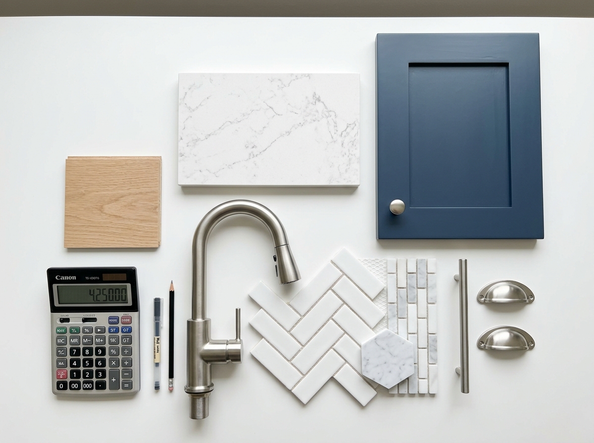 Kitchen renovation cost breakdown with countertop samples, cabinet doors, faucet, and calculator on desk