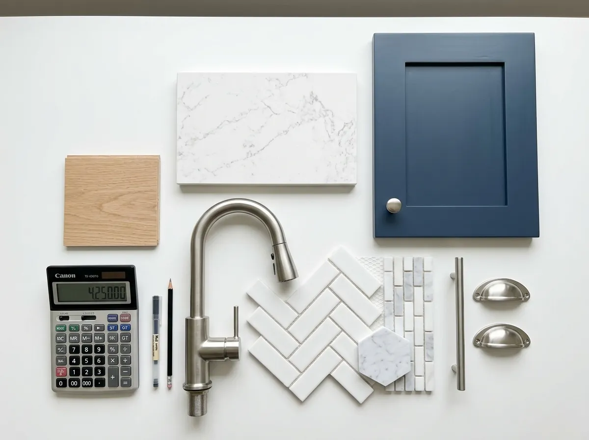 Kitchen renovation cost breakdown with countertop samples, cabinet doors, faucet, and calculator on desk