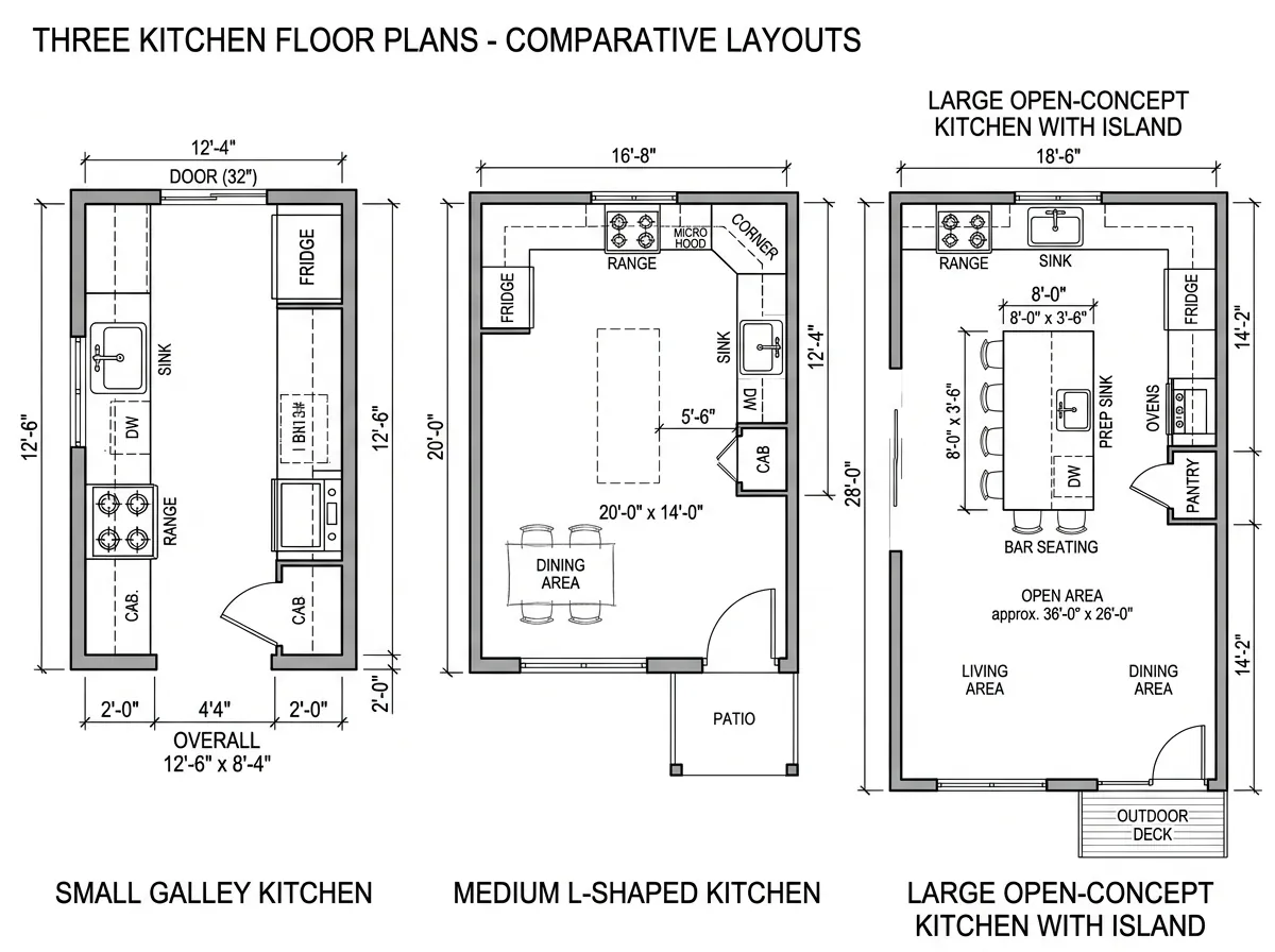 Three kitchen floor plans showing small galley, medium L-shaped, and large open-concept layouts