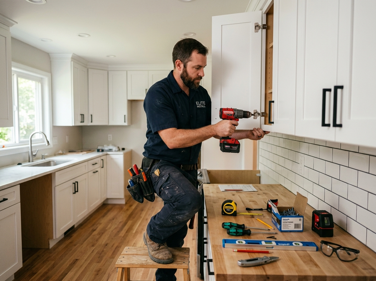Professional cabinet installer working in a kitchen, installing white shaker cabinet doors