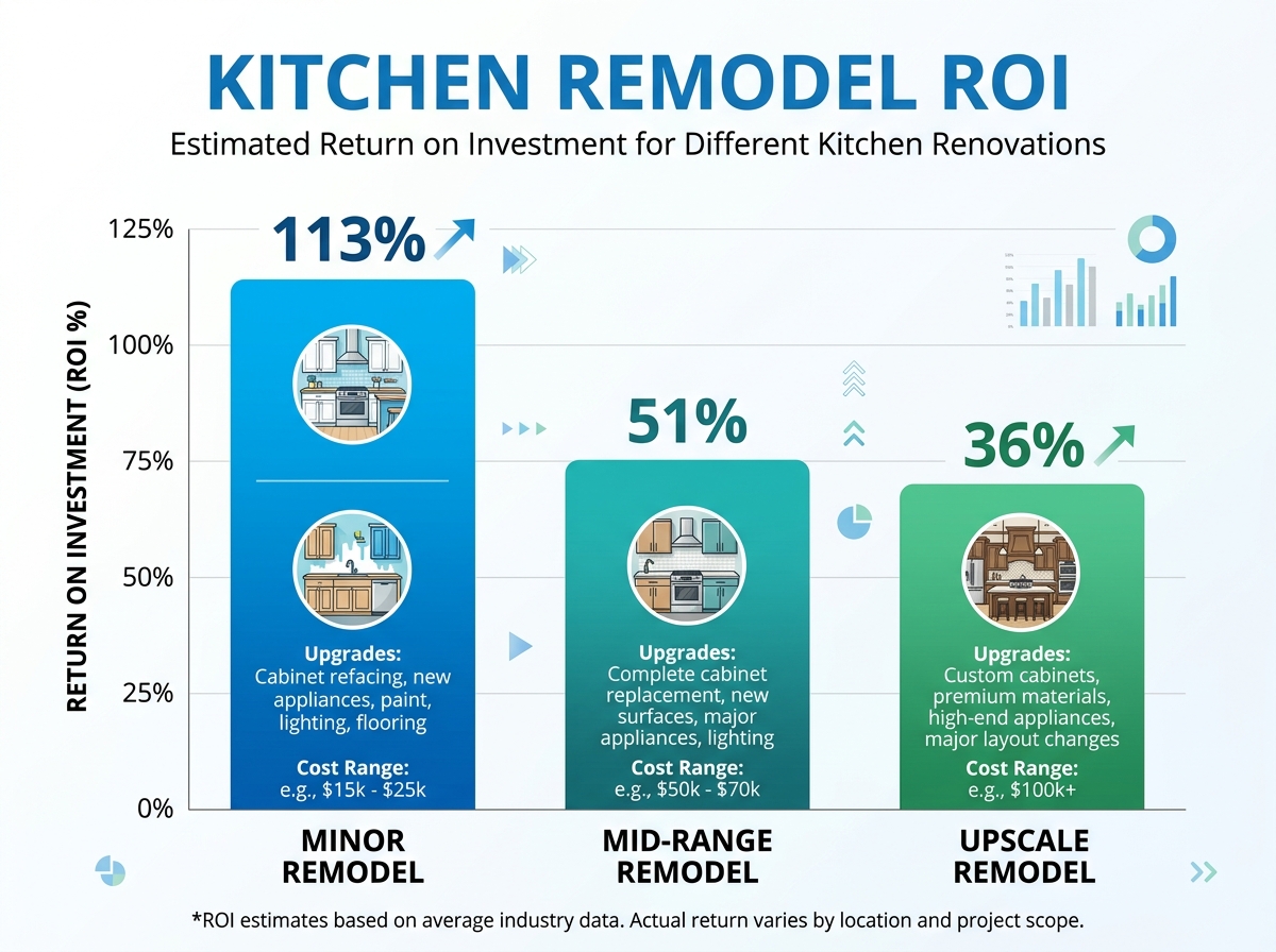 Bar chart showing kitchen remodel ROI: minor 113%, mid-range 51%, upscale 36%