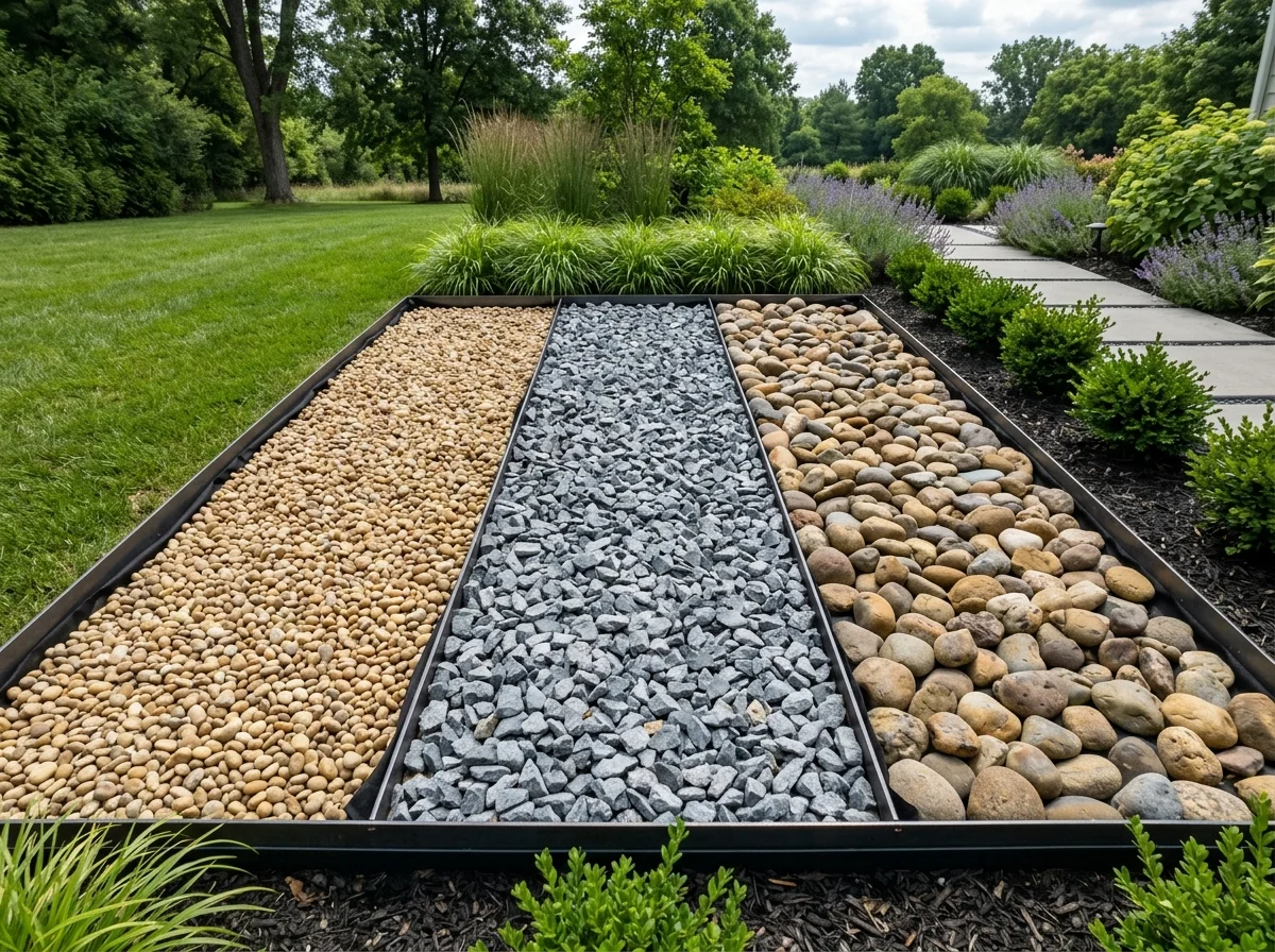 Different types of landscape rock including pea gravel, river rock, and crushed stone
