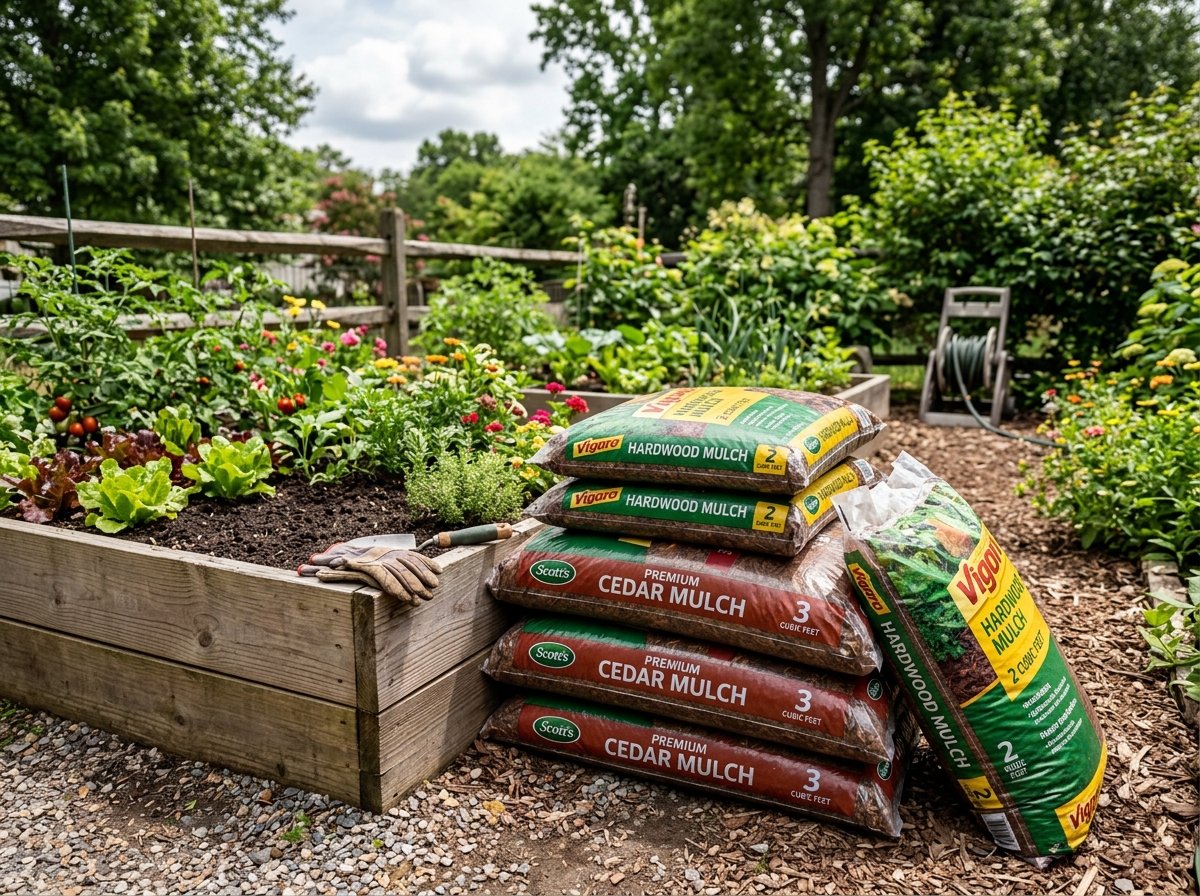 Stack of mulch bags next to a garden bed