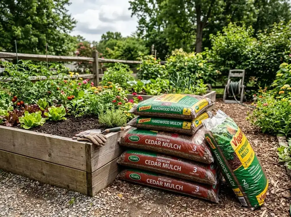 Stack of mulch bags next to a garden bed