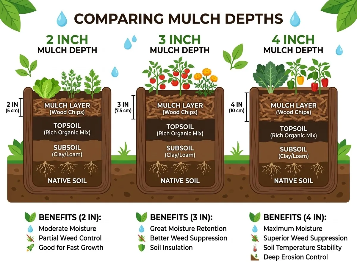 Mulch depth comparison showing 2, 3, and 4 inch layers