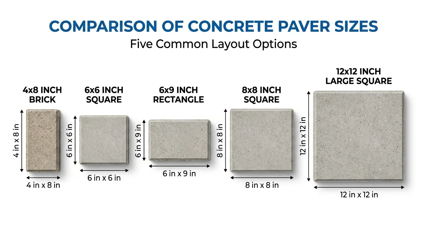 Five paver sizes arranged side by side for comparison: 4x8, 6x6, 6x9, 8x8, and 12x12 inches