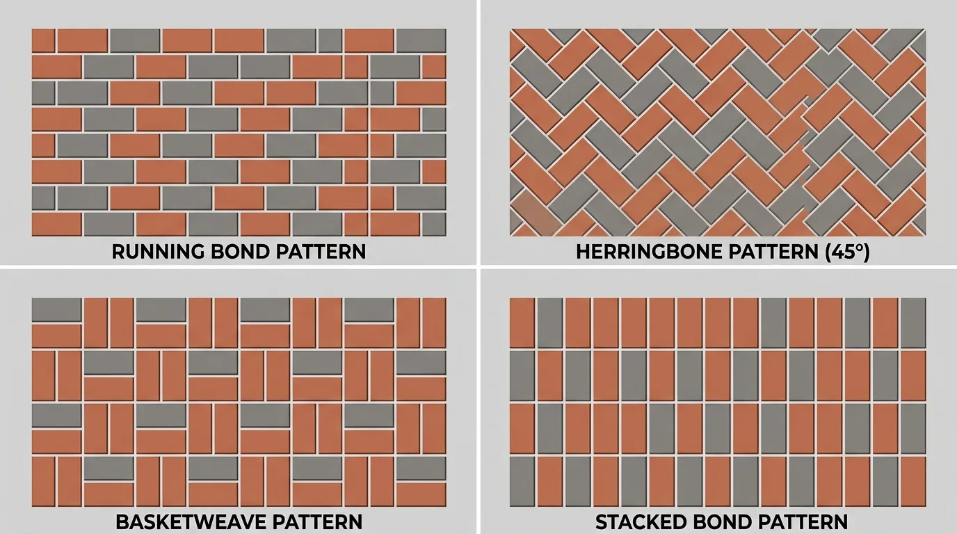 Four paver laying patterns: running bond, herringbone, basketweave, and stacked bond shown from above