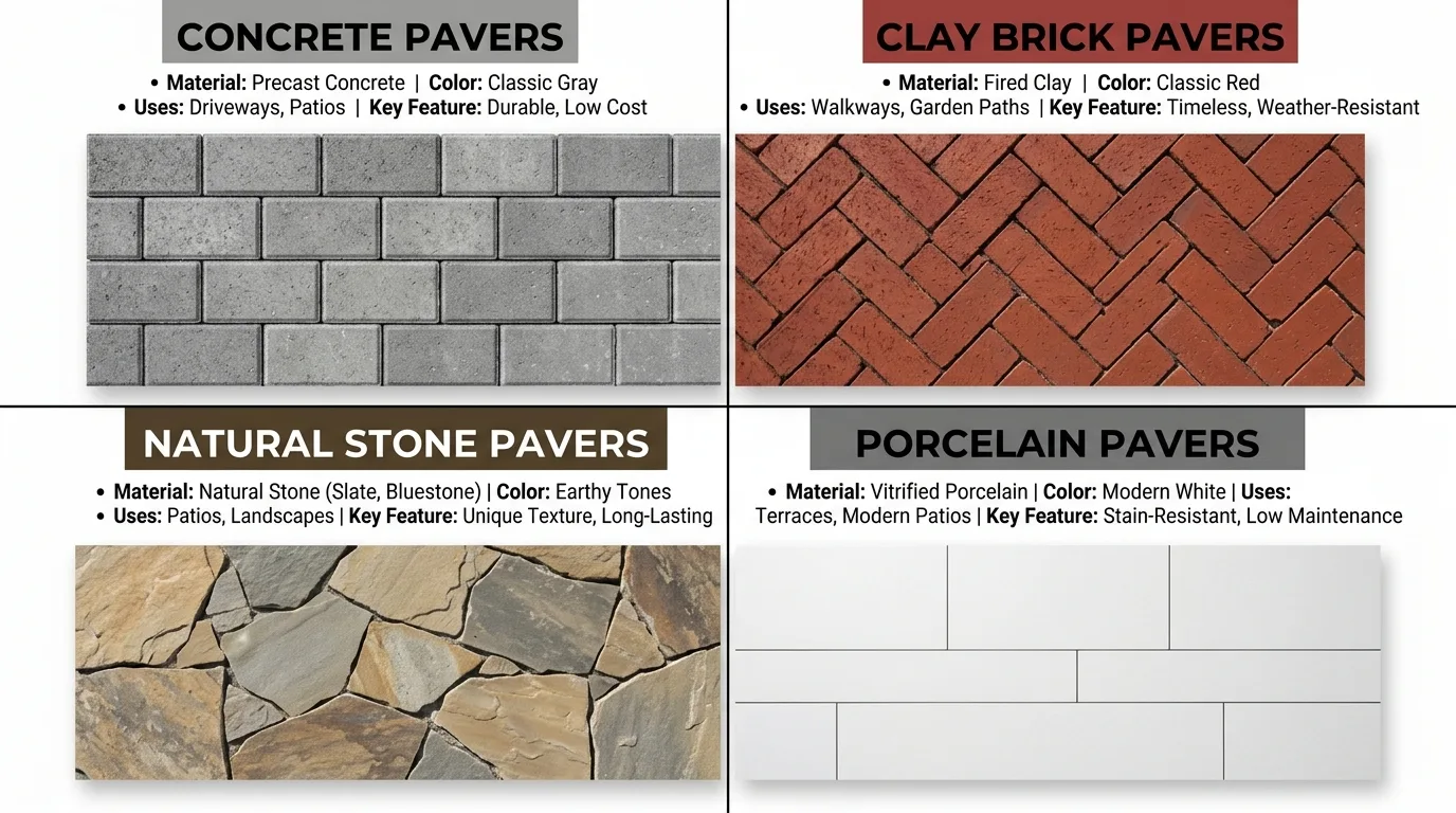 Four types of pavers: concrete, clay brick, natural stone, and porcelain arranged for comparison