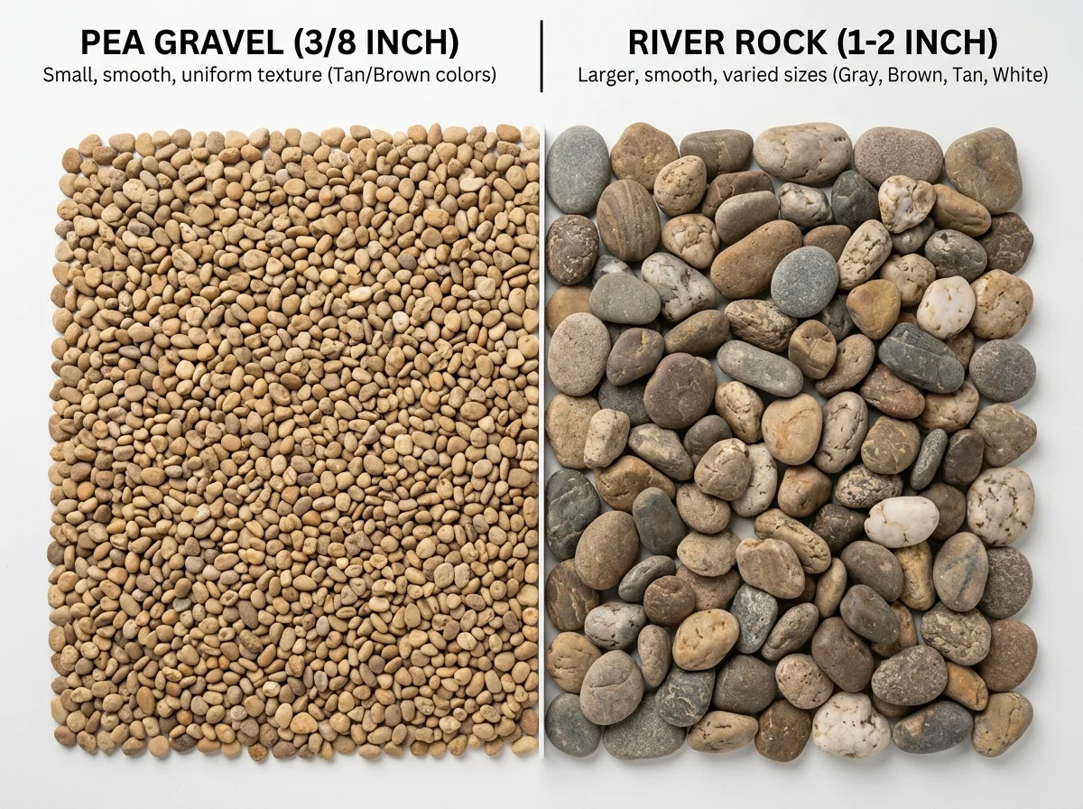 Overhead comparison of pea gravel and river rock showing size differences