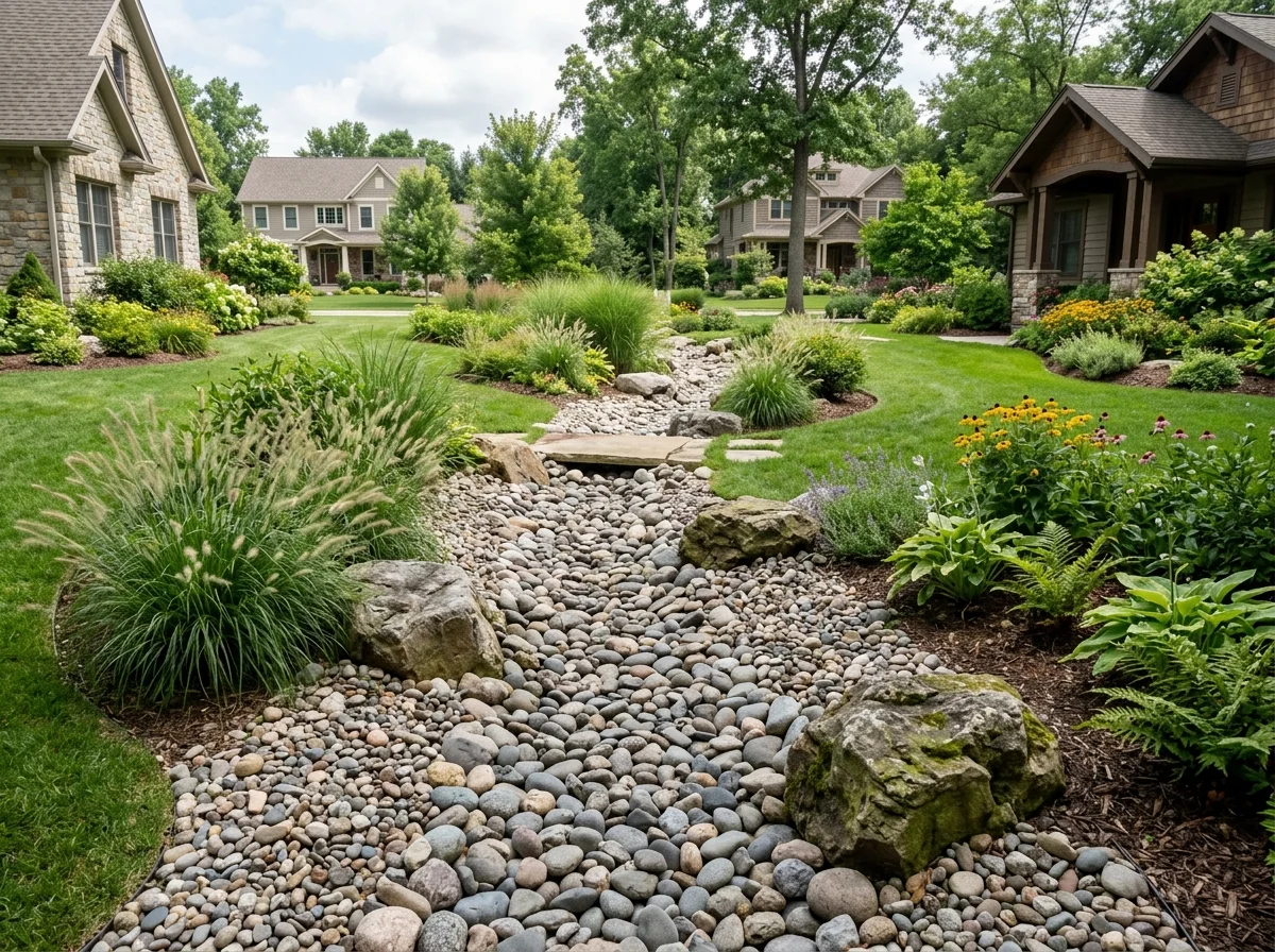 Dry creek bed made with river rock for drainage