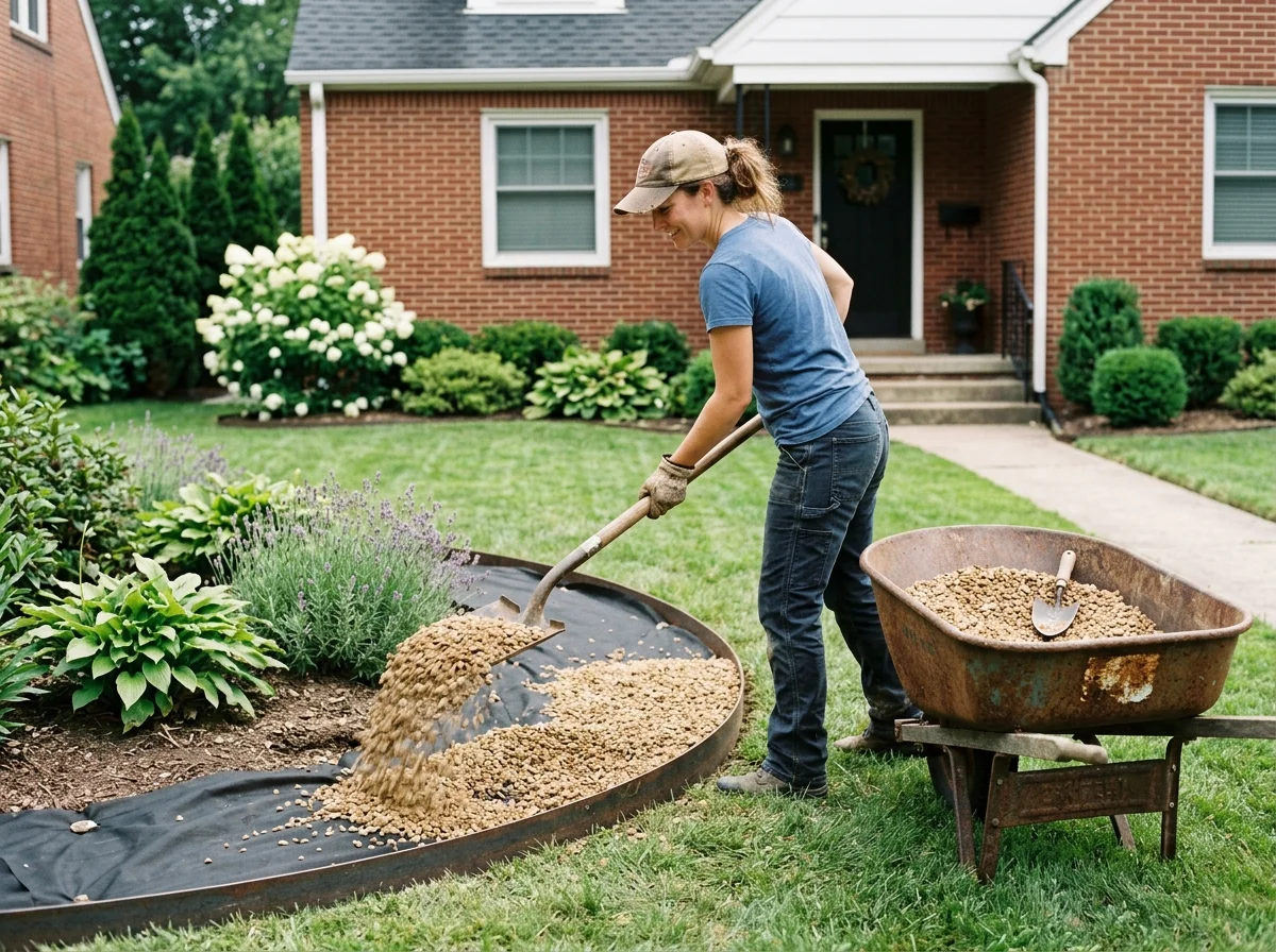 Person spreading pea gravel in a garden bed