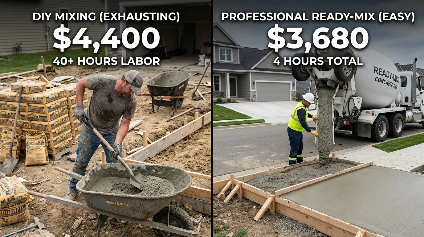 Side by side comparison of mixing concrete from bags versus using a ready-mix truck delivery showing cost and time savings