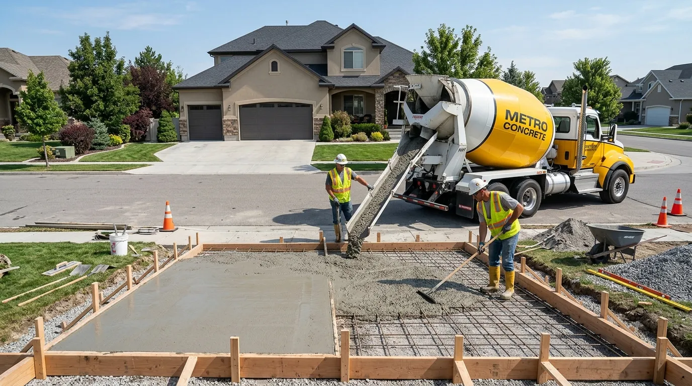 Concrete mixer truck pouring fresh ready-mix concrete into residential driveway forms