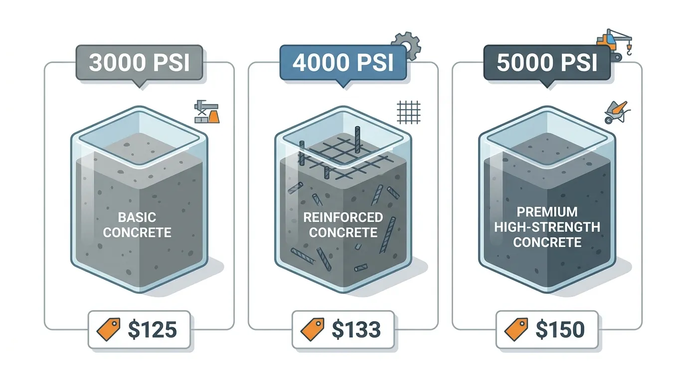 Concrete PSI comparison showing 3000, 4000, and 5000 PSI mixes with price per cubic yard