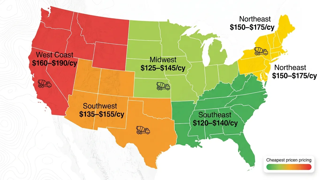 US map showing ready-mix concrete price per cubic yard by region from $120 in Southeast to $190 on West Coast