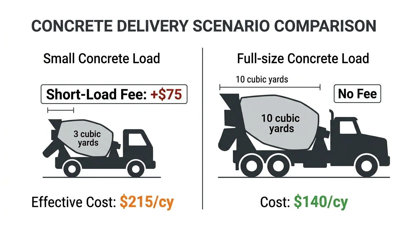 Diagram comparing short-load fee for 3 cubic yards versus full truckload of 10 cubic yards with effective cost per yard