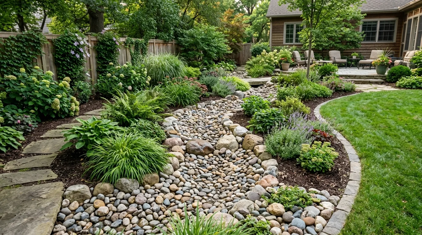 Dry creek bed with 2-4 inch river rock in a residential backyard